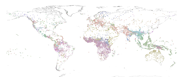 Figure caption: The world’s 6,939 languages colored by language family
